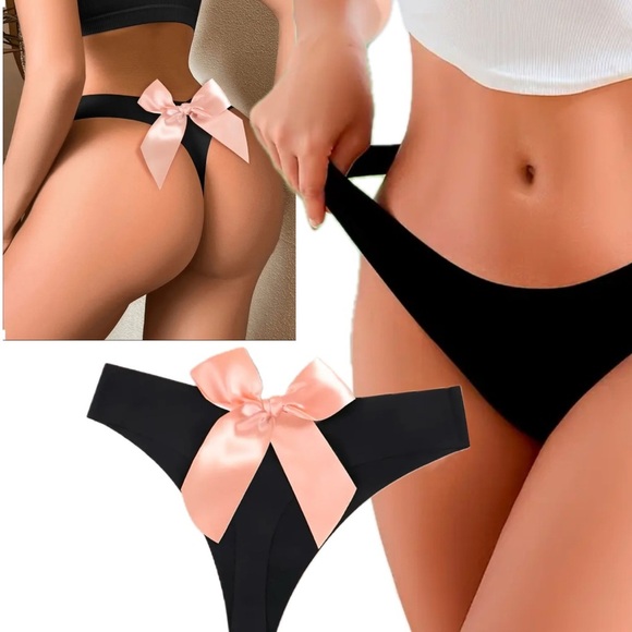 IZA Thong Second Skin Blush Pink Satin Bow Stretchy Smooth Christmas Panties - Picture 13 of 13
